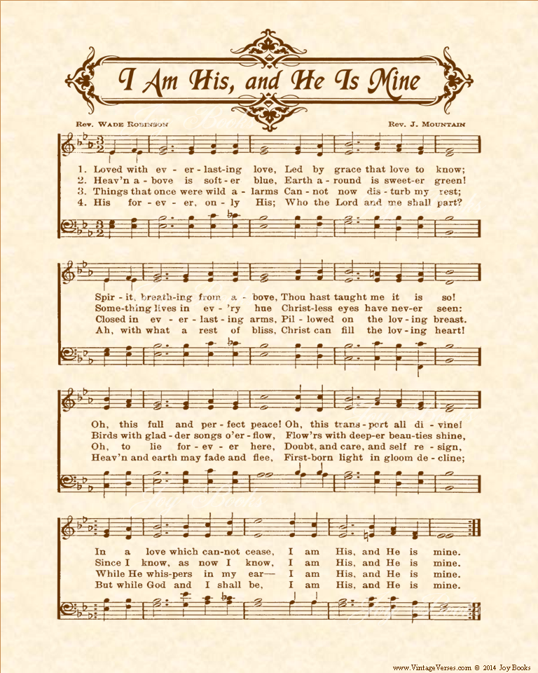 I Am His And He Is Mine - Christian Heritage Hymn, Sheet Music, Vintage Style, Natural Parchment, Sepia Brown Ink, 8x10 art print ready to frame, Vintage Verses