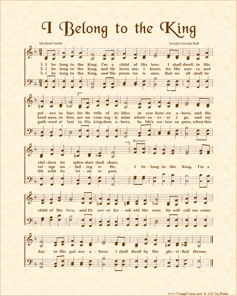 I Belong To The King - Christian Heritage Hymn, Sheet Music, Vintage Style, Natural Parchment, Sepia Brown Ink, 8x10 art print ready to frame, Vintage Verses