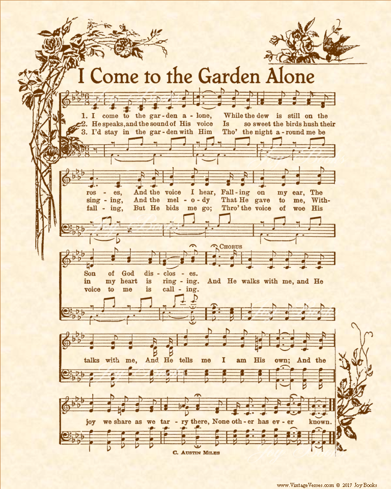 I Come To The Garden Alone - Christian Heritage Hymn, Sheet Music, Vintage Style, Natural Parchment, Sepia Brown Ink, 8x10 art print ready to frame, Vintage Verses