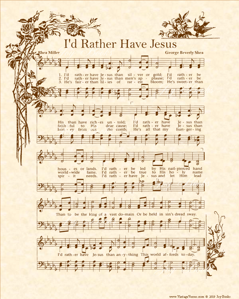 I'd Rather Have Jesus - Christian Heritage Hymn, Sheet Music, Vintage Style, Natural Parchment, Sepia Brown Ink, 8x10 art print ready to frame, Vintage Verses