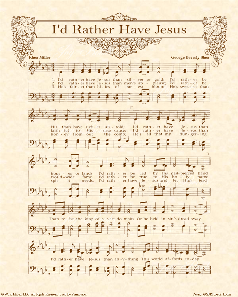 I'd Rather Have Jesus - Christian Heritage Hymn, Sheet Music, Vintage Style, Natural Parchment, Sepia Brown Ink, 8x10 art print ready to frame, Vintage Verses