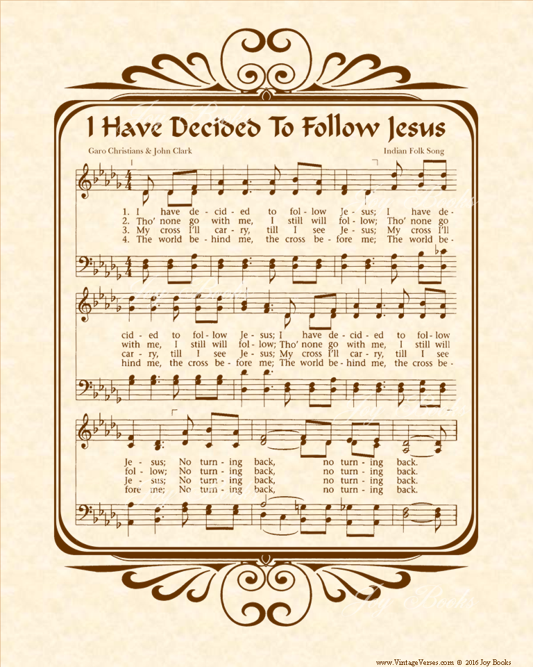 I Have Decided To Follow Jesus - Christian Heritage Hymn, Sheet Music, Vintage Style, Natural Parchment, Sepia Brown Ink, 8x10 art print ready to frame, Vintage Verses