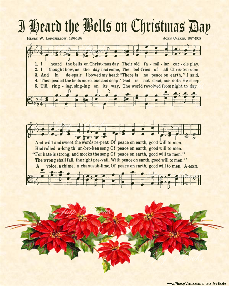 I Heard The Bells On Christmas Day - Christian Heritage Hymn, Sheet Music, Vintage Style, Natural Parchment, Christmas Evergreen Ink, Red Poinsettias 8x10 art print ready to frame, Vintage Verses