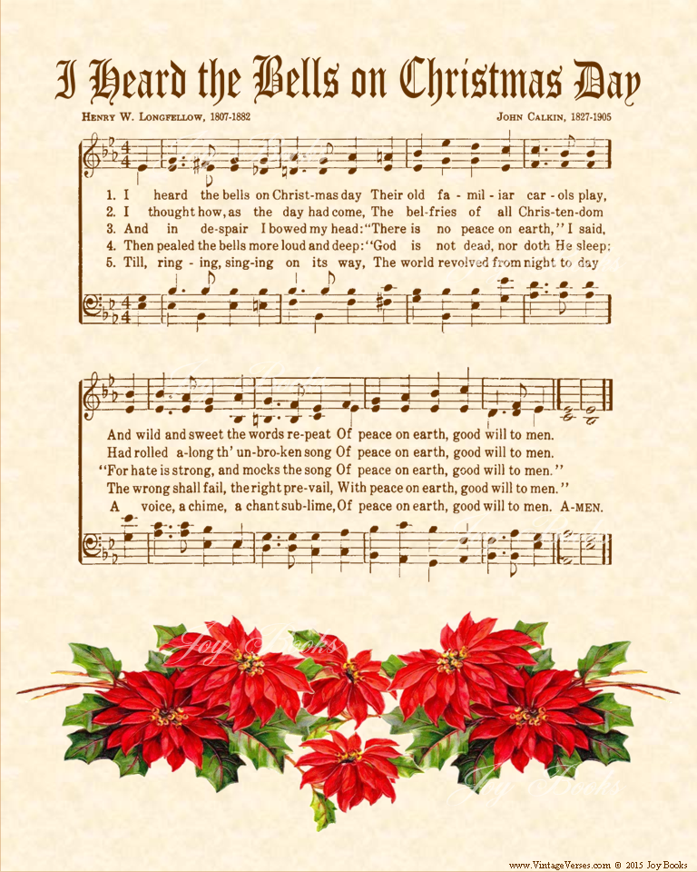 I Heard The Bells On Christmas Day - Christian Heritage Hymn, Sheet Music, Vintage Style, Natural Parchment, Sepia Brown Ink, Red Poinsettias 8x10 art print ready to frame, Vintage Verses