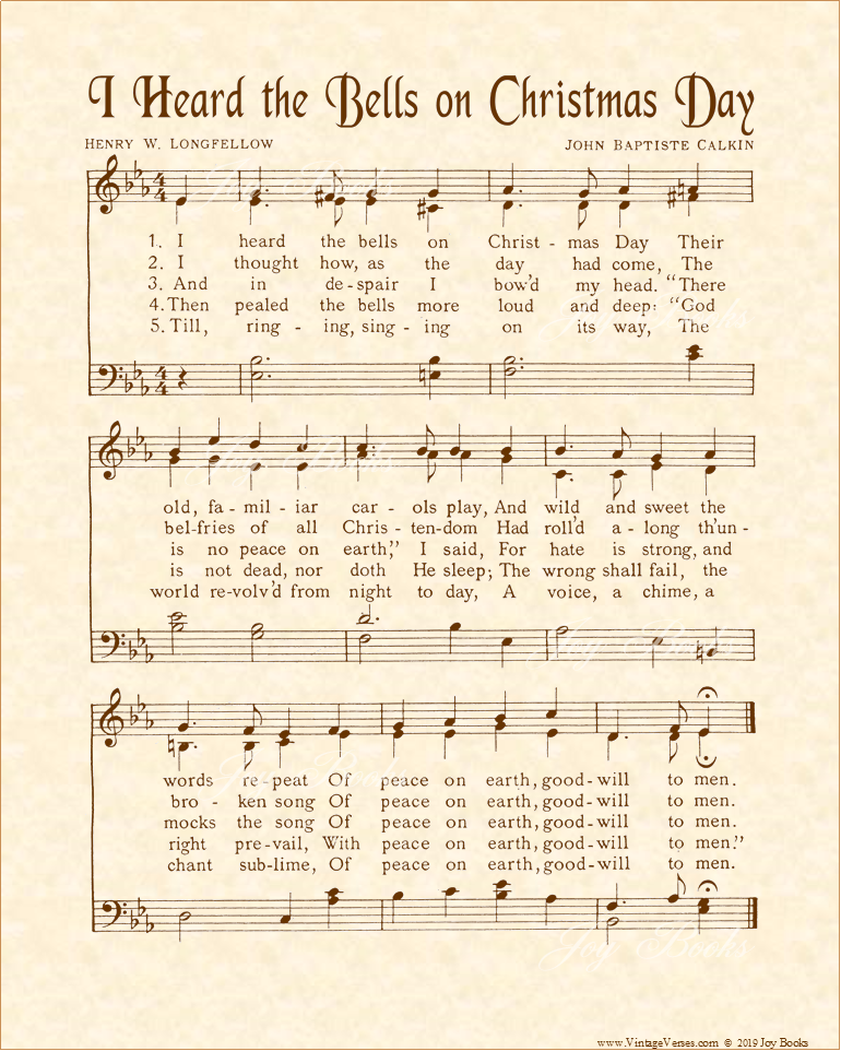 I Heard The Bells On Christmas Day - Christian Heritage Hymn, Sheet Music, Vintage Style, Natural Parchment, Sepia Brown Ink, 8x10 art print ready to frame, Vintage Verses