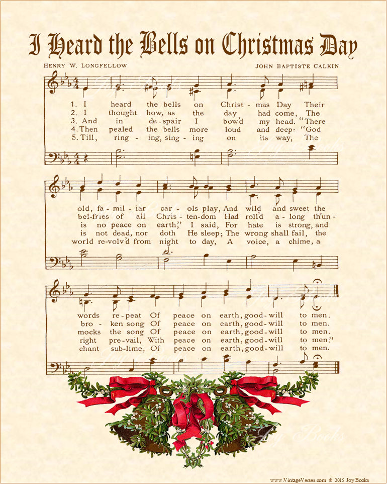 I Heard The Bells On Christmas Day - Christian Heritage Hymn, Sheet Music, Vintage Style, Natural Parchment, Sepia Brown Ink, Mistletoe Bells 8x10 art print ready to frame, Vintage Verses