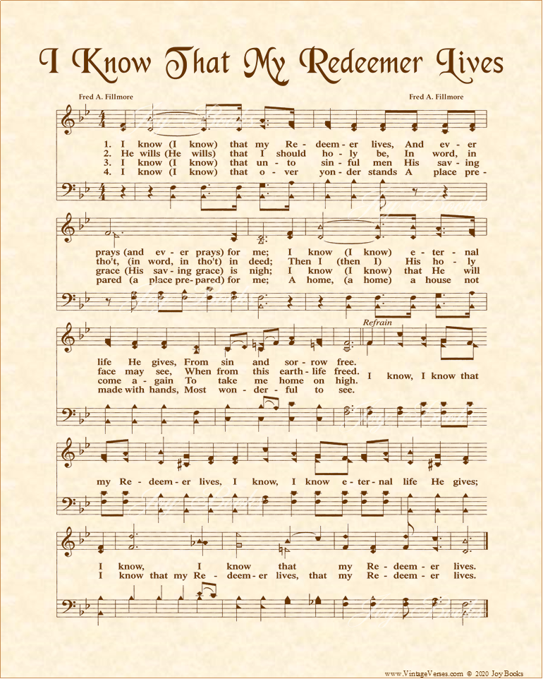 I Know That My Redeemer Lives - Christian Heritage Hymn, Sheet Music, Vintage Style, Natural Parchment, Sepia Brown Ink, 8x10 art print ready to frame, Vintage Verses