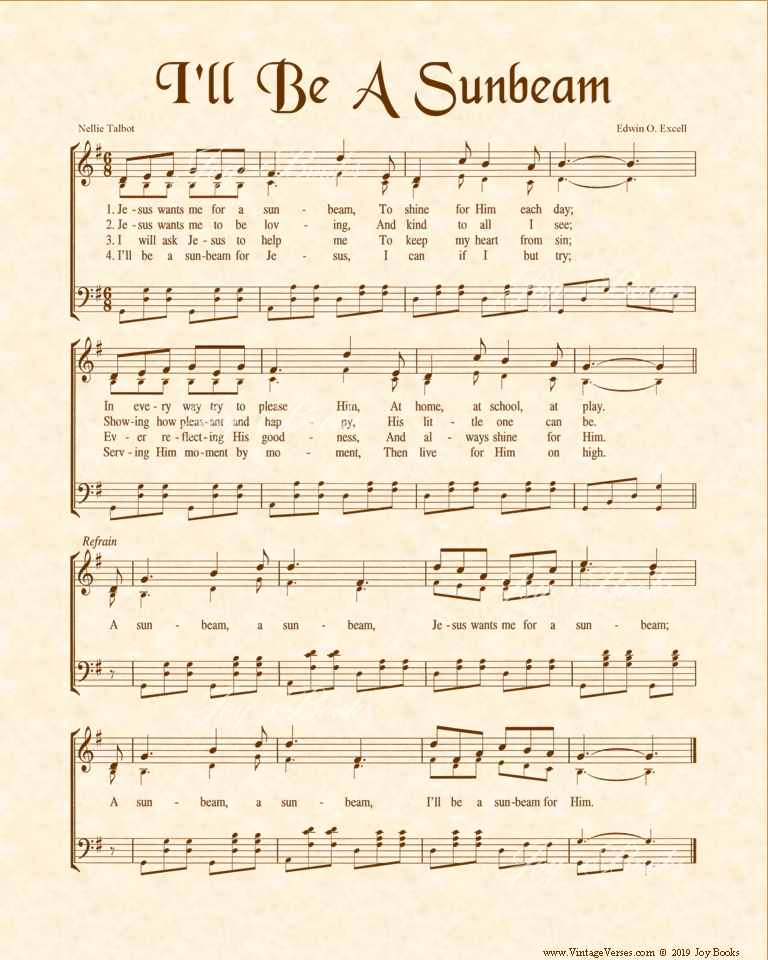 I'll Be A Sunbeam - Christian Heritage Hymn, Sheet Music, Vintage Style, Natural Parchment, Sepia Brown Ink, 8x10 art print ready to frame, Vintage Verses