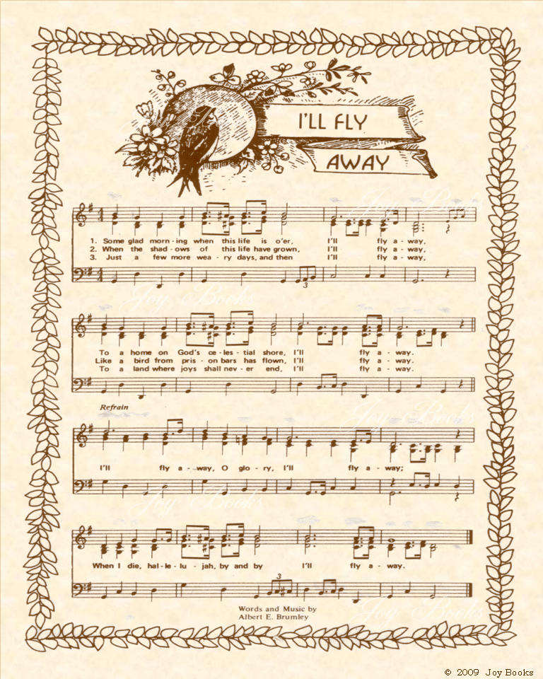 I'll Fly Away - Christian Heritage Hymn, Sheet Music, Vintage Style, Natural Parchment, Sepia Brown Ink, 8x10 art print ready to frame, Vintage Verses