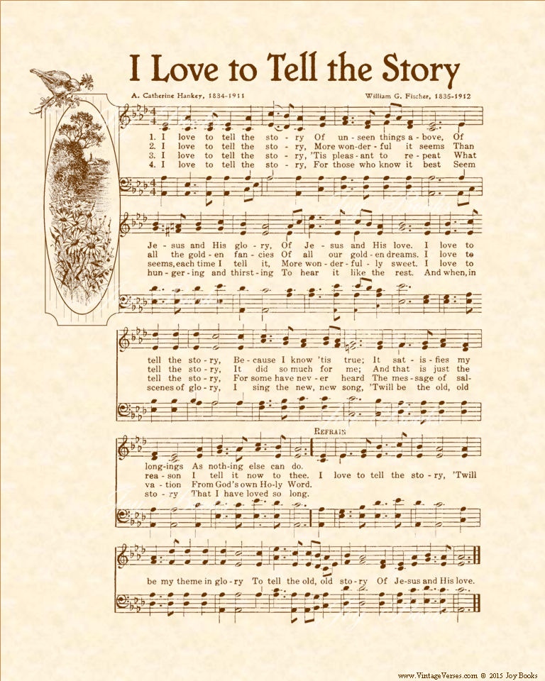 I Love To Tell The Story - Christian Heritage Hymn, Sheet Music, Vintage Style, Natural Parchment, Sepia Brown Ink, 8x10 art print ready to frame, Vintage Verses