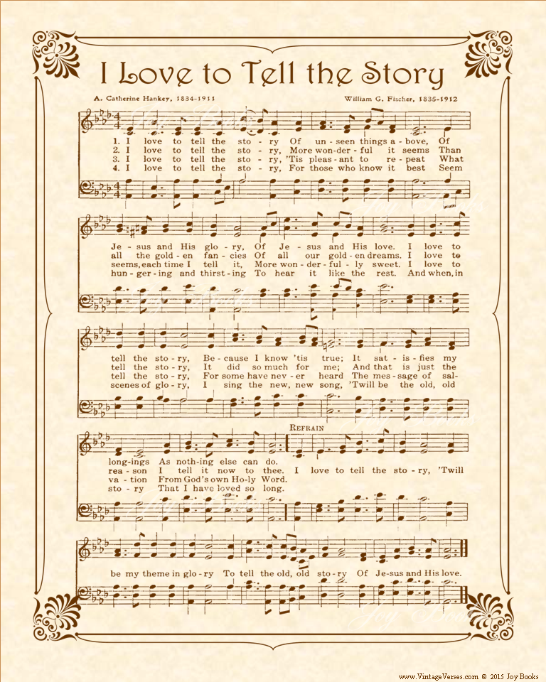 I Love To Tell The Story - Christian Heritage Hymn, Sheet Music, Vintage Style, Natural Parchment, Sepia Brown Ink, 8x10 art print ready to frame, Vintage Verses