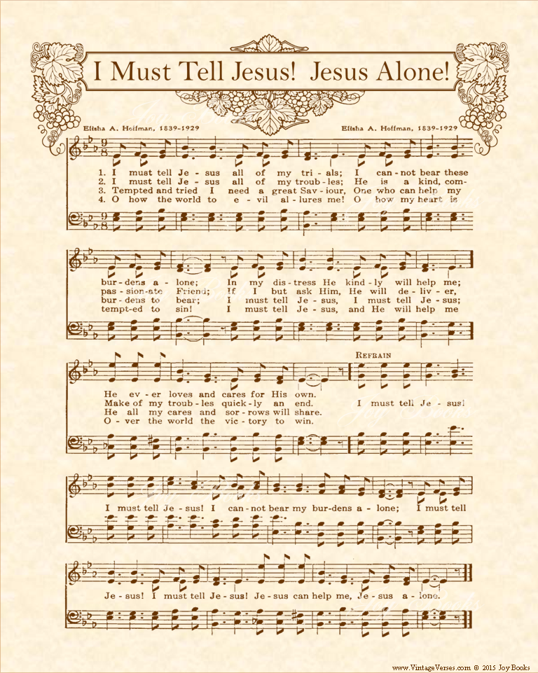 I Must Tell Jesus - Christian Heritage Hymn, Sheet Music, Vintage Style, Natural Parchment, Sepia Brown Ink, 8x10 art print ready to frame, Vintage Verses