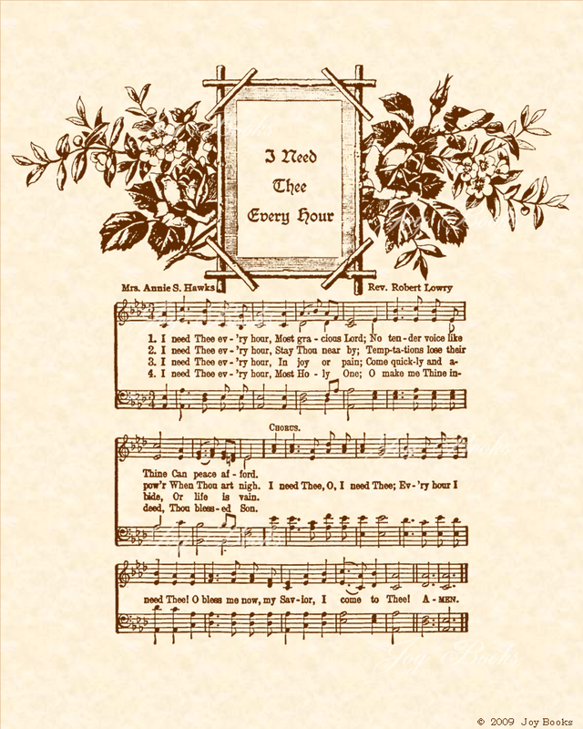 I Need Thee Every Hour - Christian Heritage Hymn, Sheet Music, Vintage Style, Natural Parchment, Sepia Brown Ink, 8x10 art print ready to frame, Vintage Verses