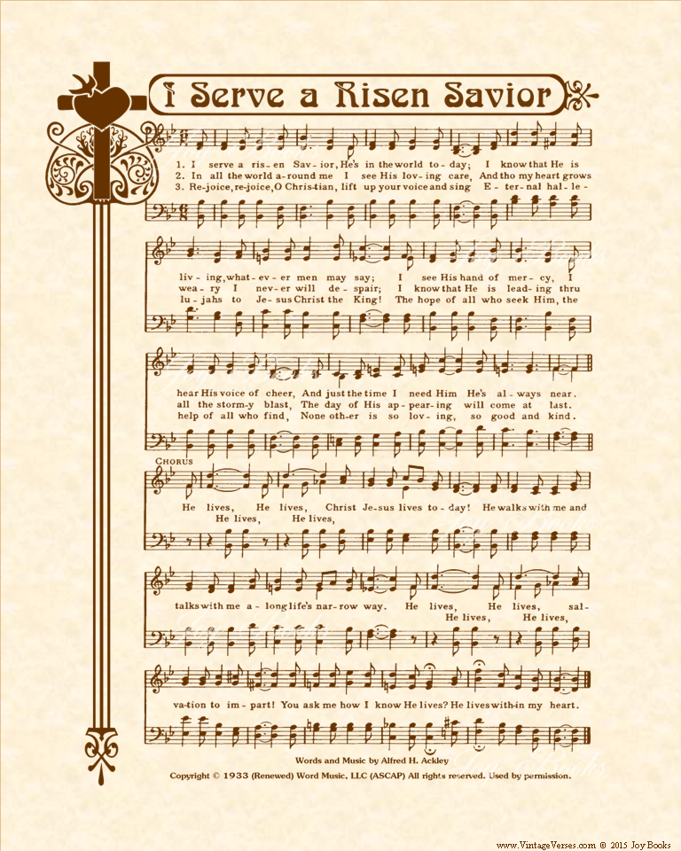 I Serve A Risen Savior a.k.a. He Lives - Christian Heritage Hymn, Sheet Music, Vintage Style, Natural Parchment, Sepia Brown Ink, 8x10 art print ready to frame, Vintage Verses