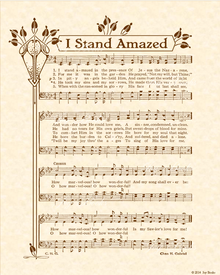 I Stand Amazed a.k.a. My Savior's Love - Christian Heritage Hymn, Sheet Music, Vintage Style, Natural Parchment, Sepia Brown Ink, 8x10 art print ready to frame, Vintage Verses