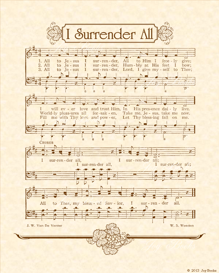 I Surrender All - Christian Heritage Hymn, Sheet Music, Vintage Style, Natural Parchment, Sepia Brown Ink, 8x10 art print ready to frame, Vintage Verses