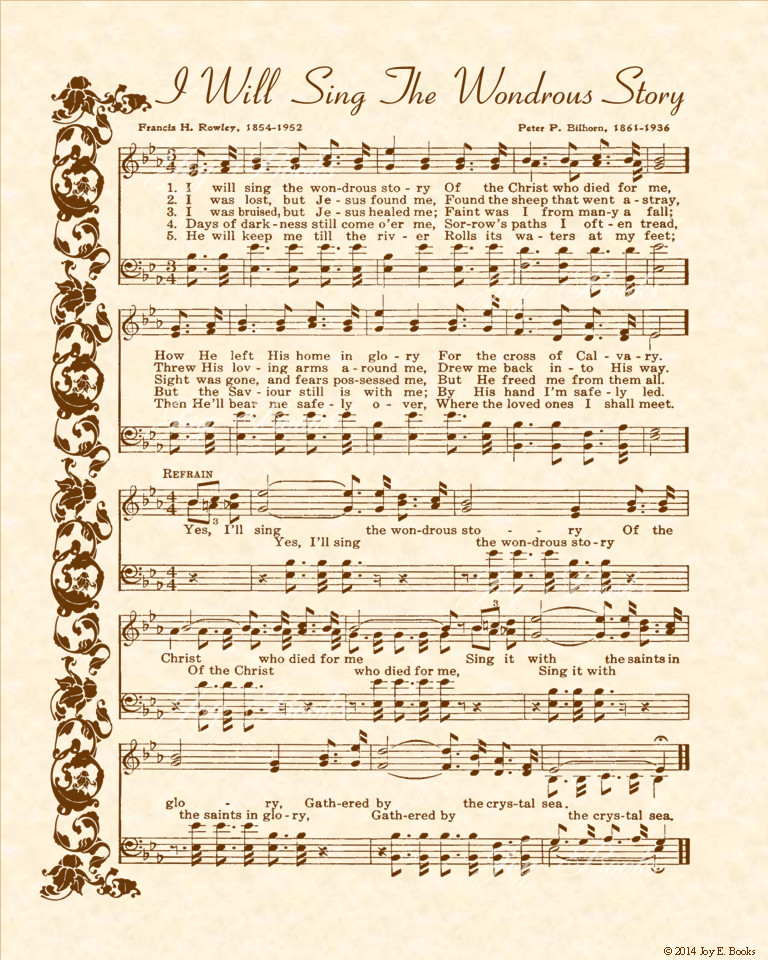 I Will Sing The Wondrous Story - Christian Heritage Hymn, Sheet Music, Vintage Style, Natural Parchment, Sepia Brown Ink, 8x10 art print ready to frame, Vintage Verses