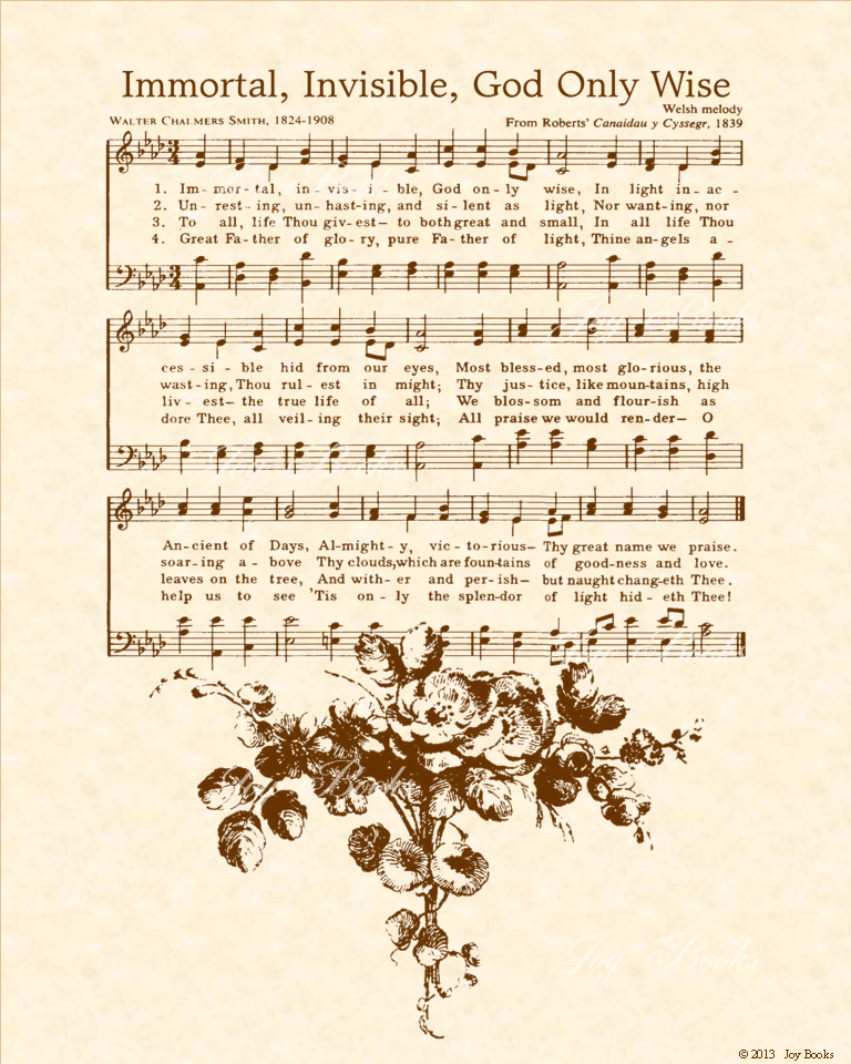 Immortal Invisible God Only Wise - Christian Heritage Hymn, Sheet Music, Vintage Style, Natural Parchment, Sepia Brown Ink, 8x10 art print ready to frame, Vintage Verses