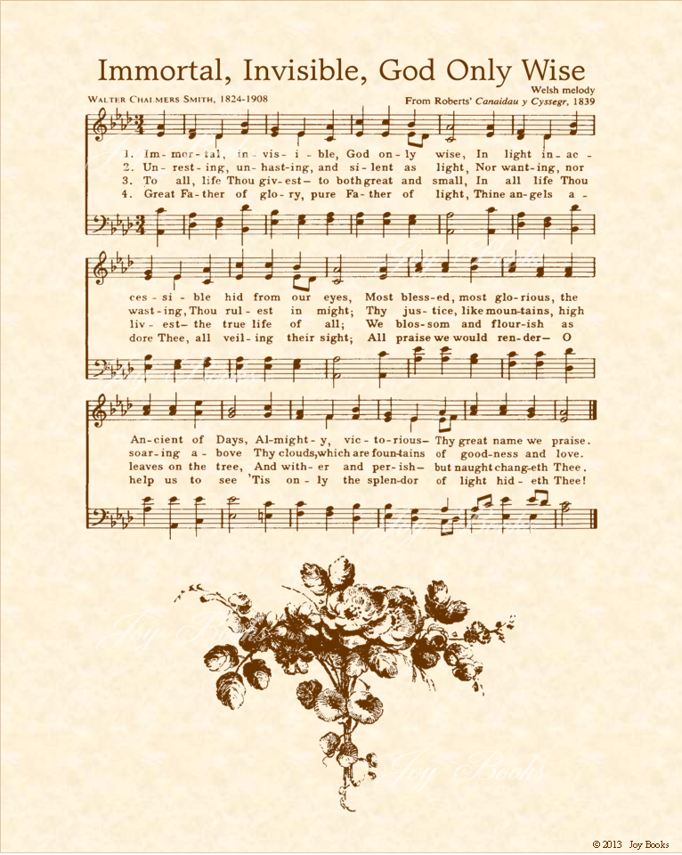 Immortal Invisible God Only Wise - Christian Heritage Hymn, Sheet Music, Vintage Style, Natural Parchment, Sepia Brown Ink, 8x10 art print ready to frame, Vintage Verses