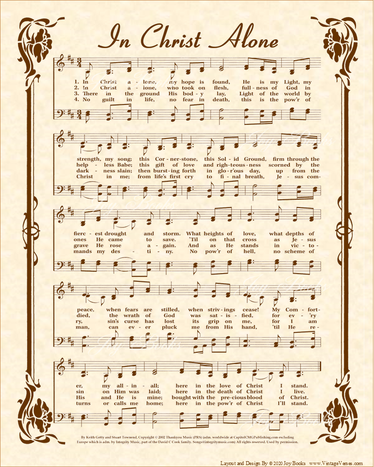 In Christ Alone - Christian Heritage Hymn, Sheet Music, Vintage Style, Natural Parchment, Sepia Brown Ink, 8x10 art print ready to frame, Vintage Verses