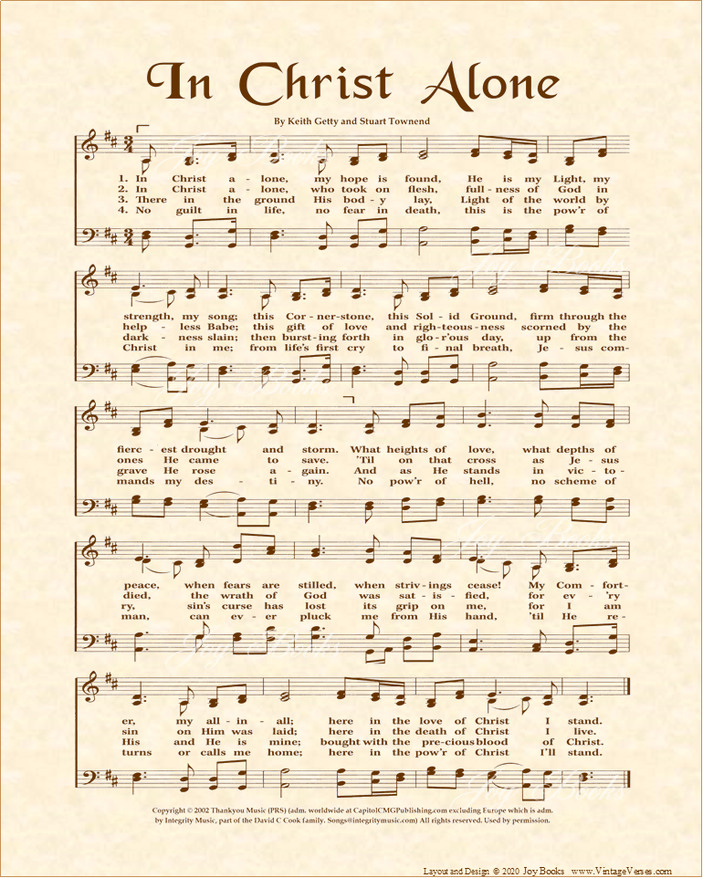 In Christ Alone - Christian Heritage Hymn, Sheet Music, Vintage Style, Natural Parchment, Sepia Brown Ink, 8x10 art print ready to frame, Vintage Verses