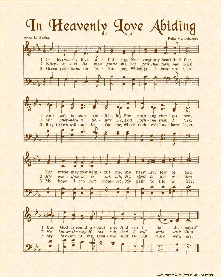 In Heavenly Love Abiding - Christian Heritage Hymn, Sheet Music, Vintage Style, Natural Parchment, Sepia Brown Ink, 8x10 art print ready to frame, Vintage Verses