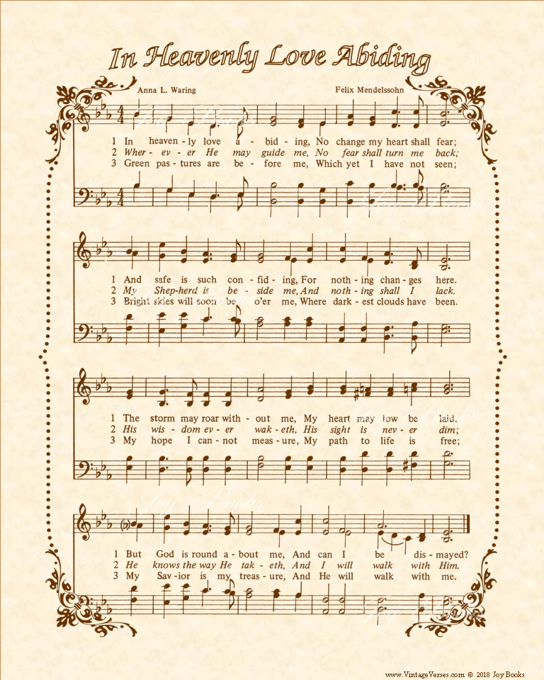 In Heavenly Love Abiding - Christian Heritage Hymn, Sheet Music, Vintage Style, Natural Parchment, Sepia Brown Ink, 8x10 art print ready to frame, Vintage Verses