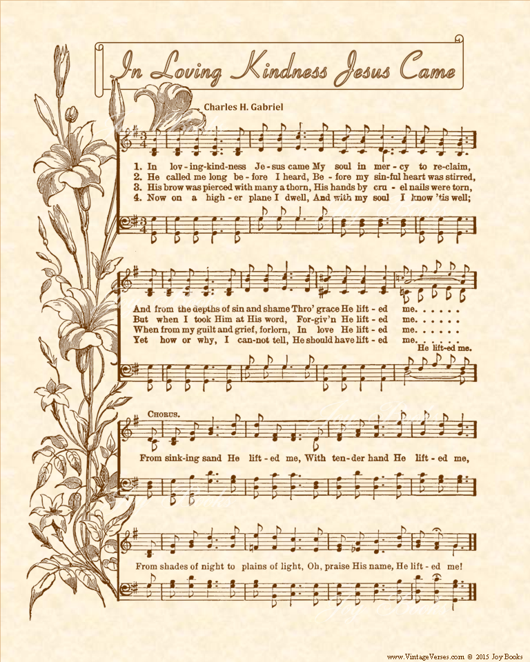 In Loving Kindness Jesus Came a.k.a. He Lifted Me - Christian Heritage Hymn, Sheet Music, Vintage Style, Natural Parchment, Sepia Brown Ink, 8x10 art print ready to frame, Vintage Verses