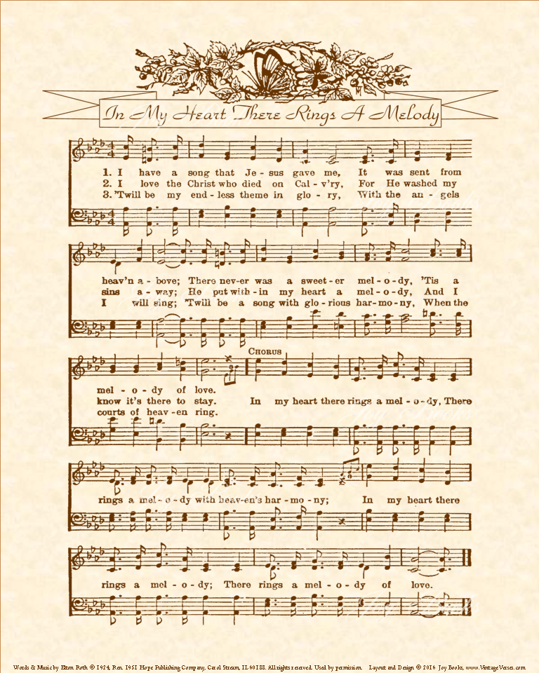 In My Heart There Rings A Melody - Christian Heritage Hymn, Sheet Music, Vintage Style, Natural Parchment, Sepia Brown Ink, 8x10 art print ready to frame, Vintage Verses