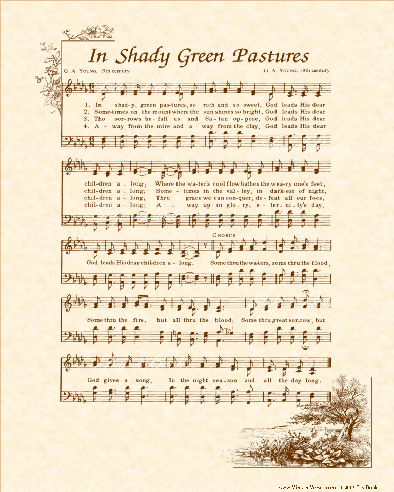 In Shady Green Pastures - Christian Heritage Hymn, Sheet Music, Vintage Style, Natural Parchment, Sepia Brown Ink, 8x10 art print ready to frame, Vintage Verses