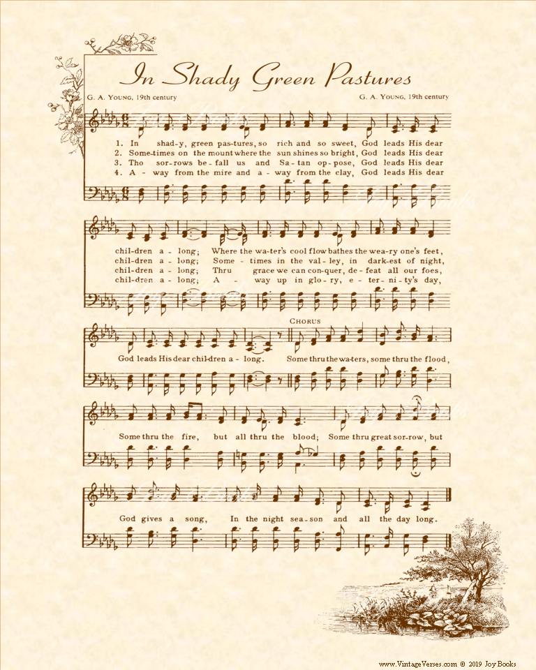In Shady Green Pastures - Christian Heritage Hymn, Sheet Music, Vintage Style, Natural Parchment, Sepia Brown Ink, 8x10 art print ready to frame, Vintage Verses