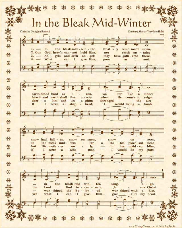 In The Bleak Mid Winter - Christian Heritage Hymn, Sheet Music, Vintage Style, Natural Parchment, Sepia Brown Ink, 8x10 art print ready to frame, Vintage Verses