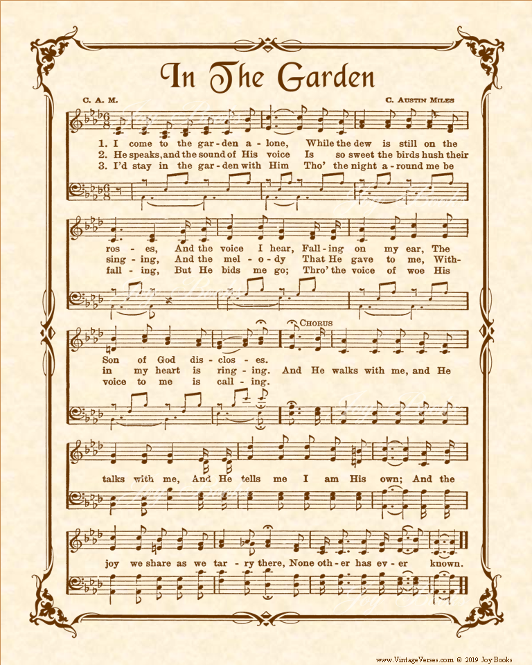 In The Garden - Christian Heritage Hymn, Sheet Music, Vintage Style, Natural Parchment, Sepia Brown Ink, 8x10 art print ready to frame, Vintage Verses