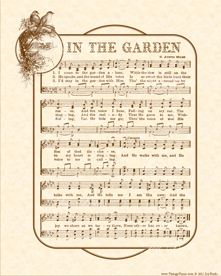 In The Garden - Christian Heritage Hymn, Sheet Music, Vintage Style, Natural Parchment, Sepia Brown Ink, 8x10 art print ready to frame, Vintage Verses