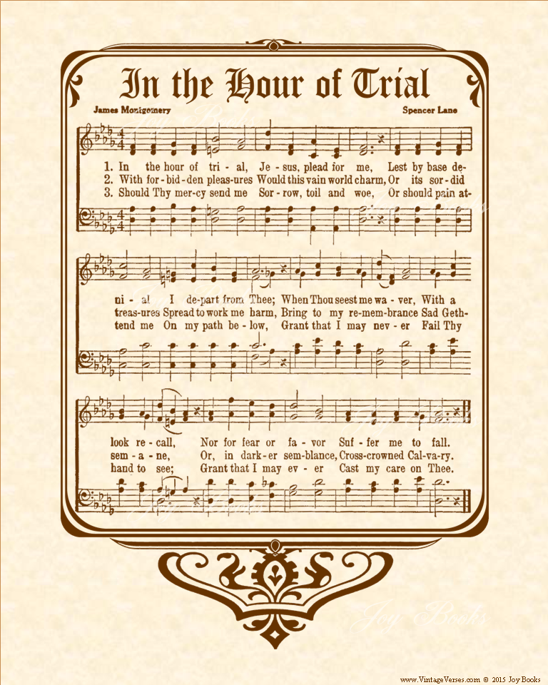 In The Hour Of Trial - Christian Heritage Hymn, Sheet Music, Vintage Style, Natural Parchment, Sepia Brown Ink, 8x10 art print ready to frame, Vintage Verses