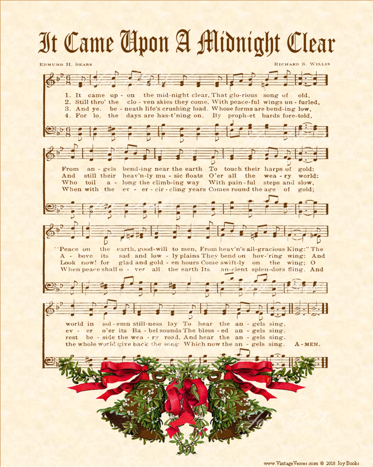 It Came Upon A Midnight Clear - Christian Heritage Hymn, Sheet Music, Vintage Style, Natural Parchment, Sepia Brown Ink, Mistletoe Bells, 8x10 art print ready to frame, Vintage Verses