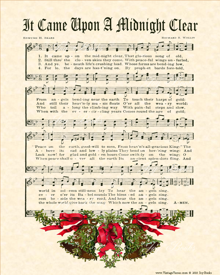It Came Upon A Midnight Clear - Christian Heritage Hymn, Sheet Music, Vintage Style, Natural Parchment, Christmas Evergreen Ink, Mistletoe Bells, 8x10 art print ready to frame, Vintage Verses