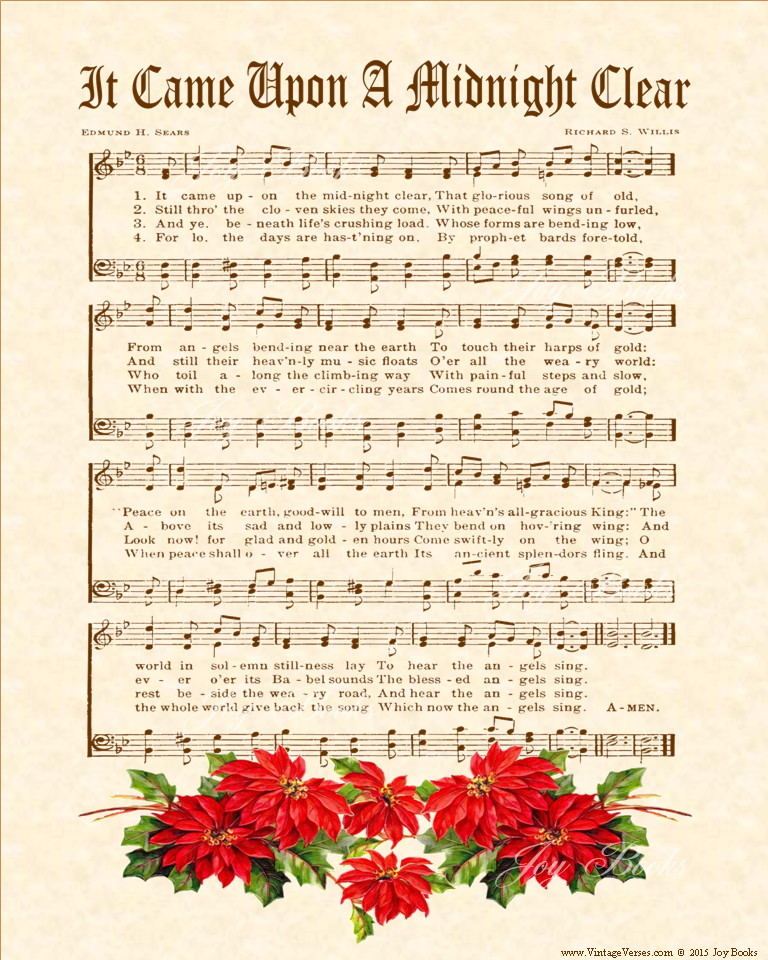 It Came Upon A Midnight Clear - Christian Heritage Hymn, Sheet Music, Vintage Style, Natural Parchment, Sepia Brown Ink, Red Poinsettias, 8x10 art print ready to frame, Vintage Verses