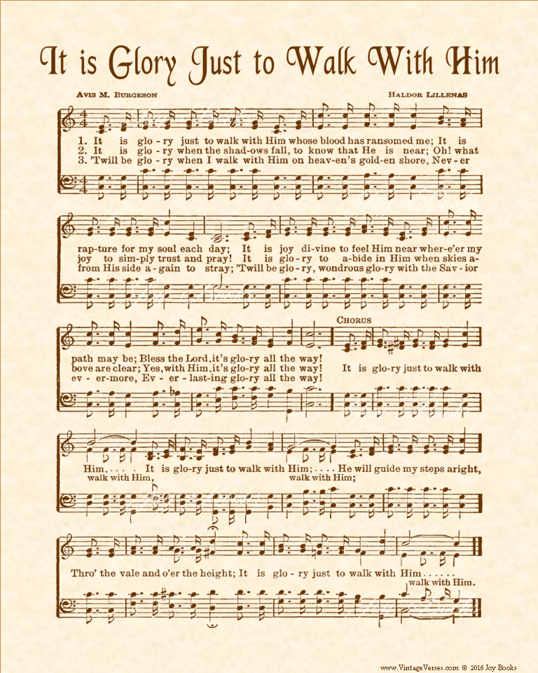It Is Glory Just To Walk With Him - Christian Heritage Hymn, Sheet Music, Vintage Style, Natural Parchment, Sepia Brown Ink, 8x10 art print ready to frame, Vintage Verses