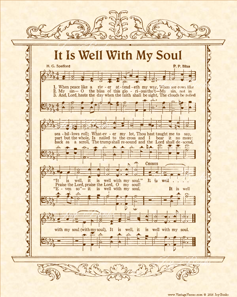 It Is Well WIth My Soul a.k.a. When Peace Like A River - Christian Heritage Hymn, Sheet Music, Vintage Style, Natural Parchment, Sepia Brown Ink, 8x10 art print ready to frame, Vintage Verses