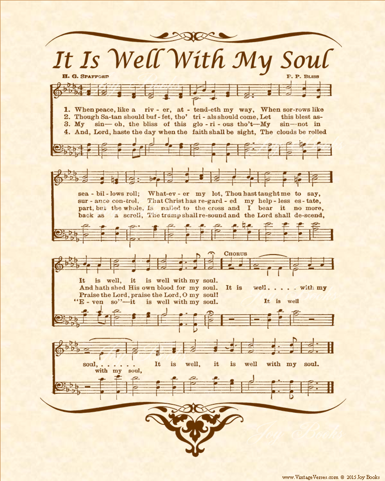 It Is Well WIth My Soul a.k.a. When Peace Like A River - Christian Heritage Hymn, Sheet Music, Vintage Style, Natural Parchment, Sepia Brown Ink, 8x10 art print ready to frame, Vintage Verses