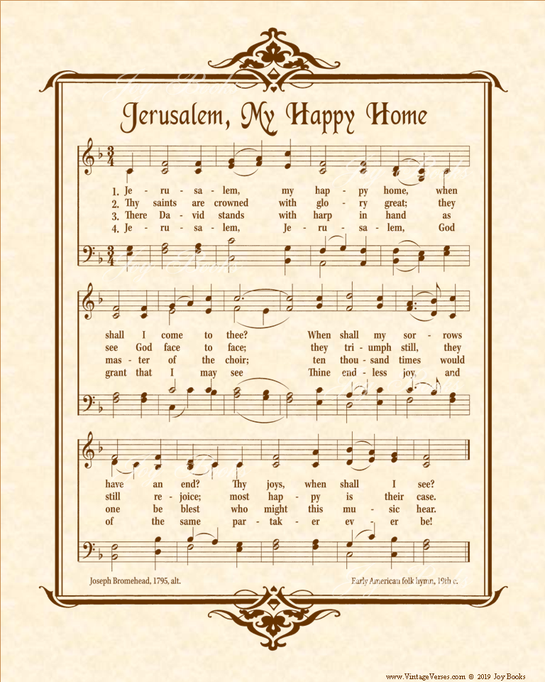 Jerusalem My Happy Home Baptist Song Book - Christian Heritage Hymn, Sheet Music, Vintage Style, Natural Parchment, Sepia Brown Ink, 8x10 art print ready to frame, Vintage Verses
