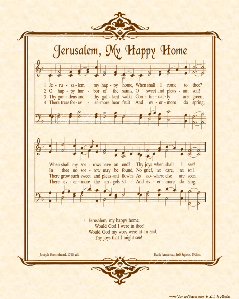 Jerusalem My Happy Home Lutheran Song Book - Christian Heritage Hymn, Sheet Music, Vintage Style, Natural Parchment, Sepia Brown Ink, 8x10 art print ready to frame, Vintage Verses