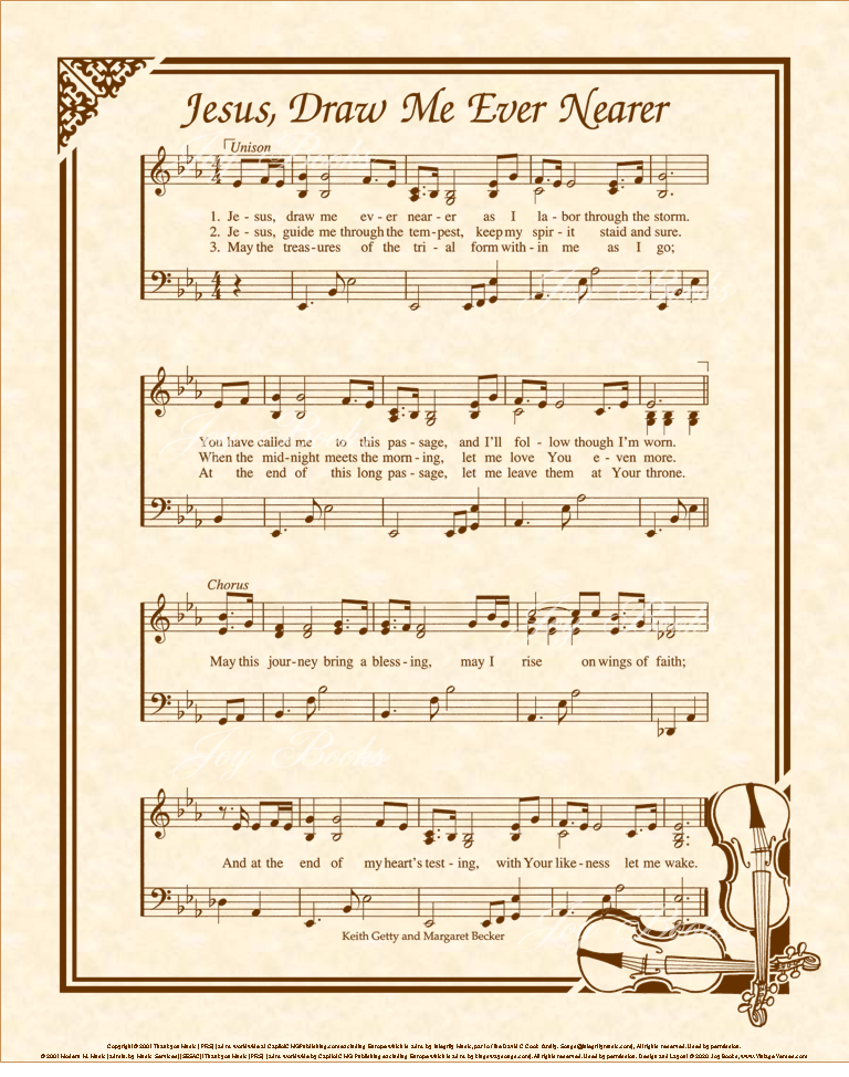 Jesus, Draw Me Ever Nearer - Christian Heritage Hymn, Sheet Music, Vintage Style, Natural Parchment, Sepia Brown Ink, 8x10 art print ready to frame, Vintage Verses