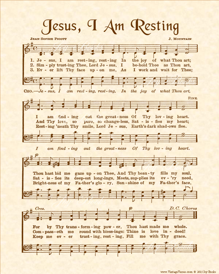 Jesus I Am Resting - Christian Heritage Hymn, Sheet Music, Vintage Style, Natural Parchment, Sepia Brown Ink, 8x10 art print ready to frame, Vintage Verses