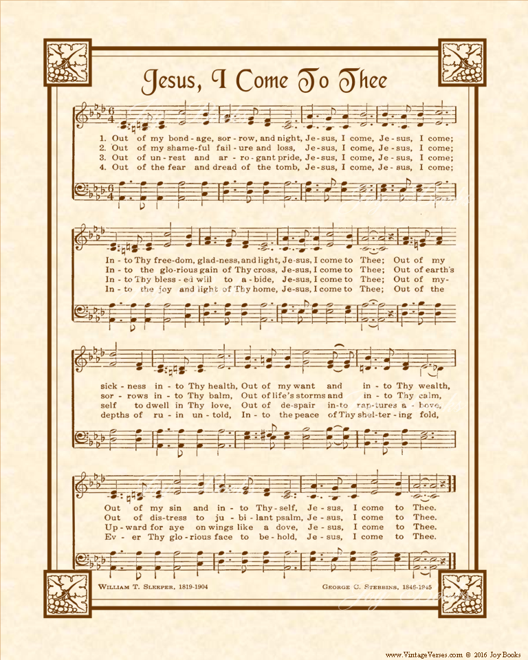 Jesus I Come A.K.A. Out Of My Bondage, Sorrow and Night - Christian Heritage Hymn, Sheet Music, Vintage Style, Natural Parchment, Sepia Brown Ink, 8x10 art print ready to frame, Vintage Verses