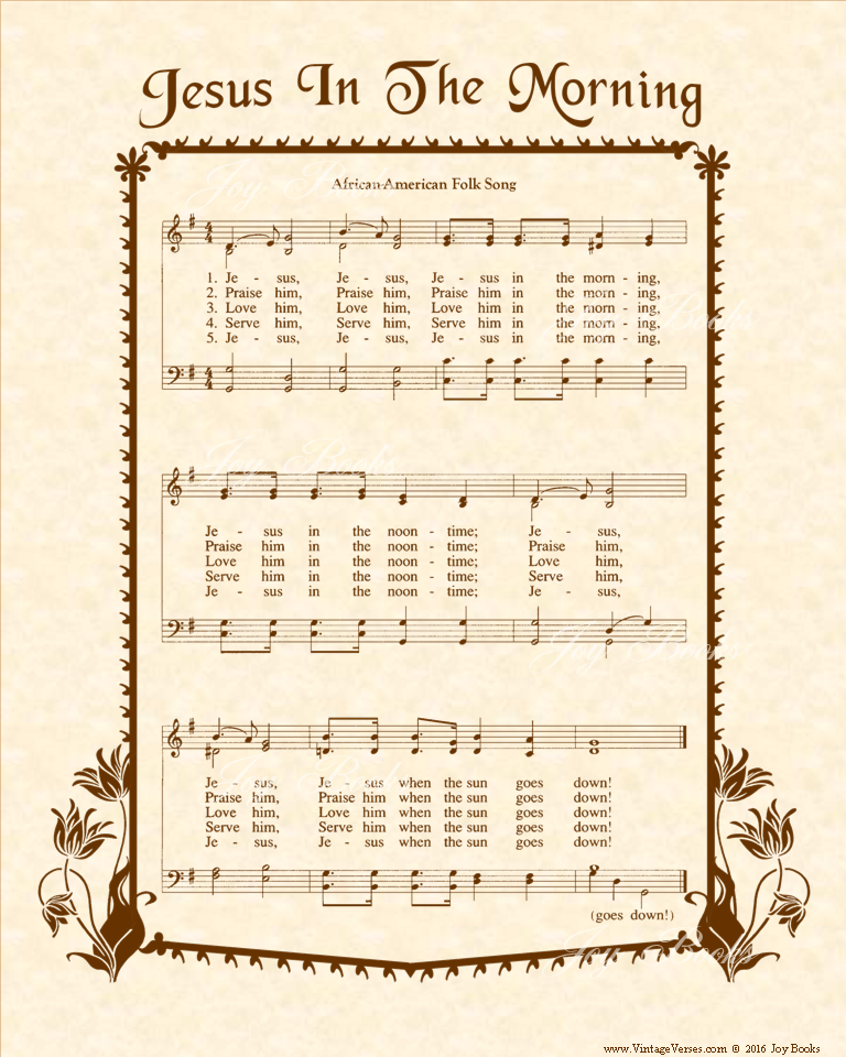 Jesus In The Morning - Christian Heritage Hymn, Sheet Music, Vintage Style, Natural Parchment, Sepia Brown Ink, 8x10 art print ready to frame, Vintage Verses