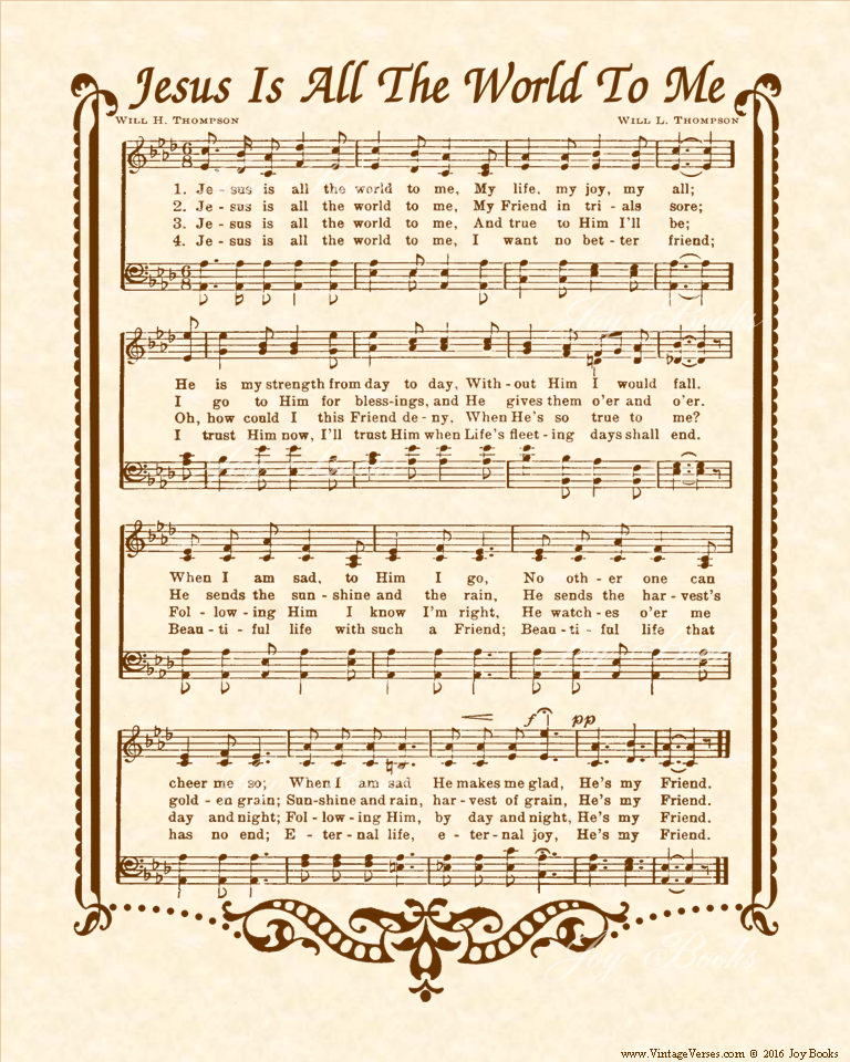 Jesus Is All The World To Me - Christian Heritage Hymn, Sheet Music, Vintage Style, Natural Parchment, Sepia Brown Ink, 8x10 art print ready to frame, Vintage Verses