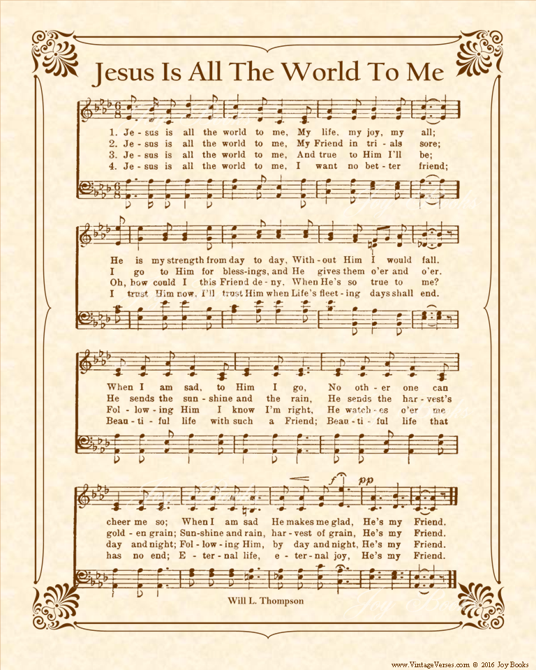 Jesus Is All The World To Me - Christian Heritage Hymn, Sheet Music, Vintage Style, Natural Parchment, Sepia Brown Ink, 8x10 art print ready to frame, Vintage Verses