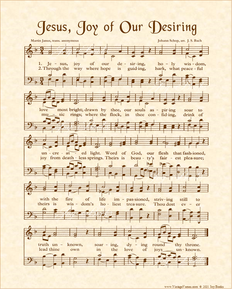 Jesus Joy Of Our Desiring - Christian Heritage Hymn, Sheet Music, Vintage Style, Natural Parchment, Sepia Brown Ink, 8x10 art print ready to frame, Vintage Verses